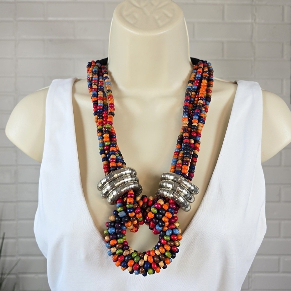 Handmade Multicolor Wood Bead Chunky Tribal Necklace with Silver Accents
